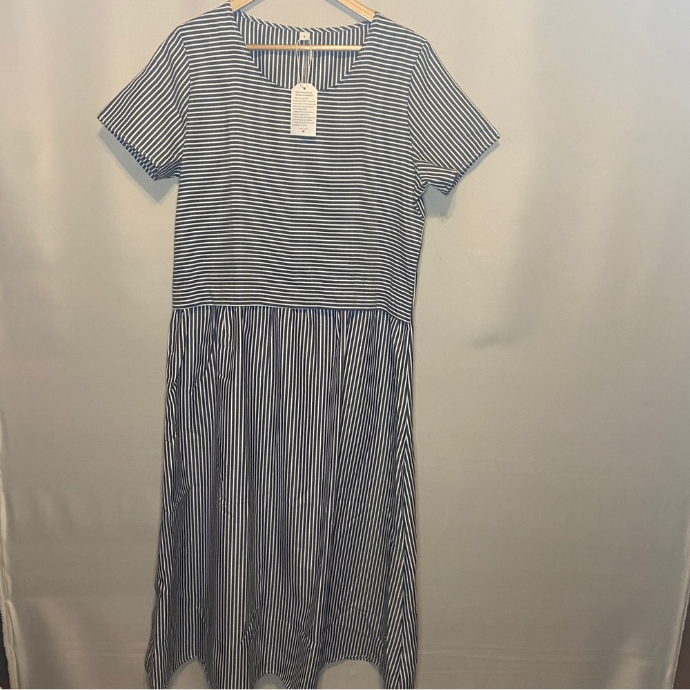 A-line Cotton Navy and White Striped Dress Size Large Short Sleeved